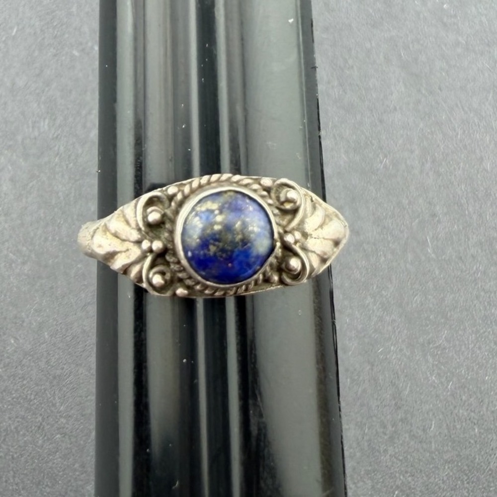 Vintage 925 Sterling‎ Silver Lapis Lazuli Cabochon Ring Ornate Floral Size 6.75